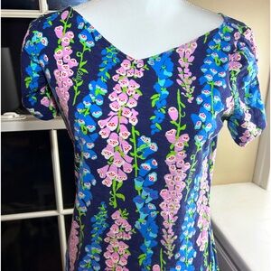 Lilly Pulitzer Women’s Top Foxy Foxglove Navy Blue Pink Green Preppy Size Large